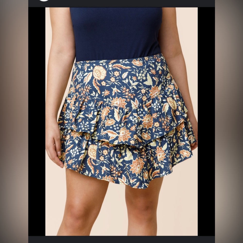 Anna Cai Francesca’s tiered floral ruffle mini skirt blue & yellow S NWT